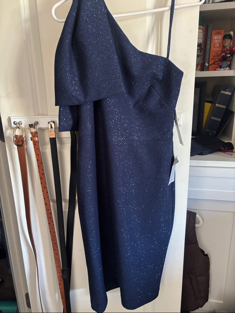 Eliza J Navy One-Shoulder Sparkle Cocktail Dress